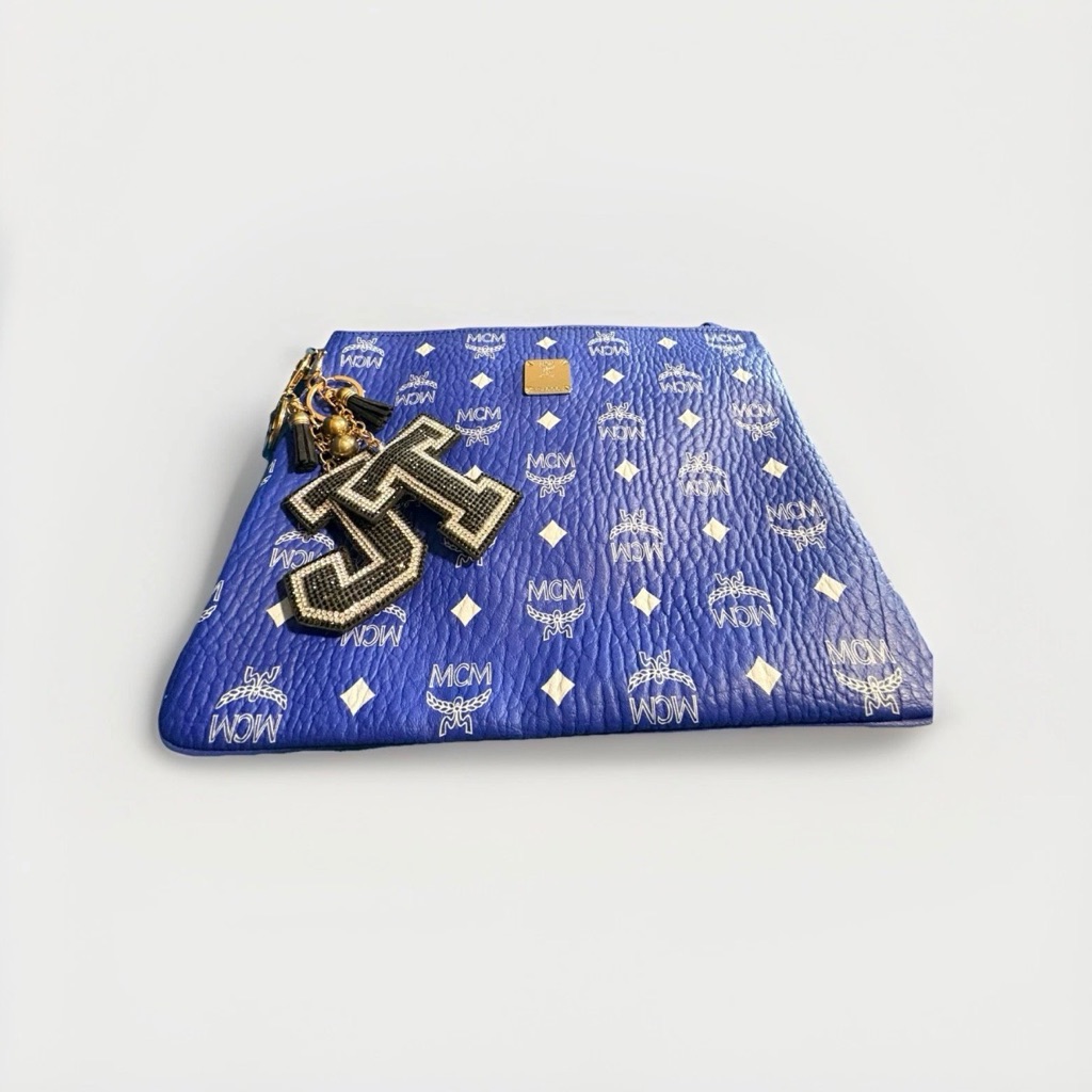 Mcm Surf The Web Blue White Monogram Visetos Clutch Pouch